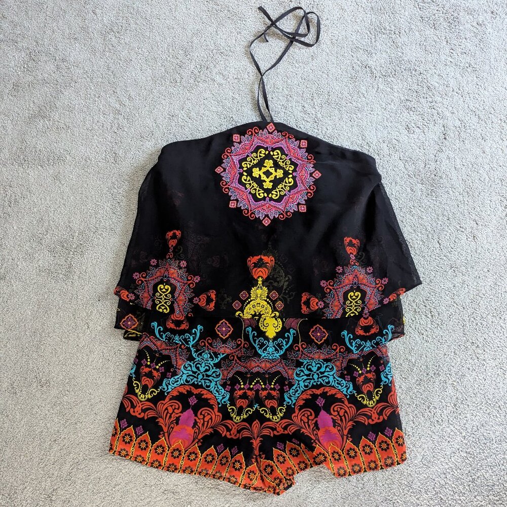 Bebe Flowy Multi-Media Halter Romper, Medium